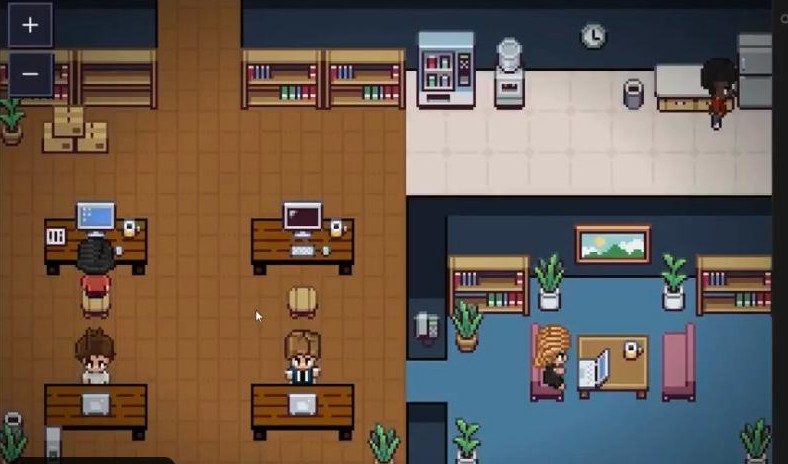 A pixel-art office where AI agents are visualized as characters working at desks, meeting in rooms, and moving around.